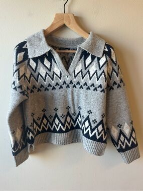 1.STATE Gray Fair Isle Polo Collar Sweater